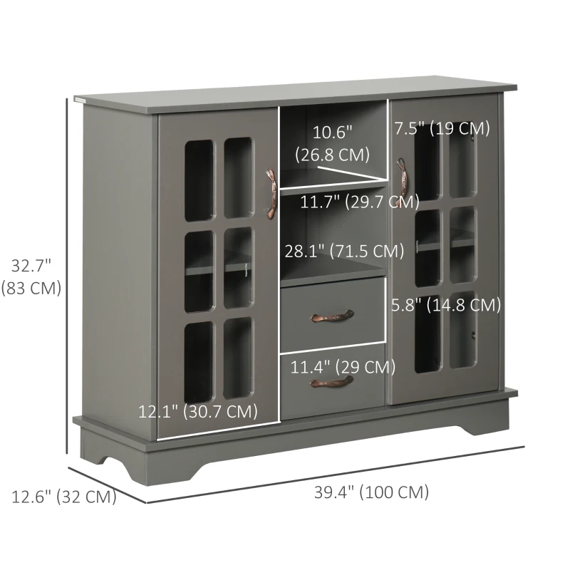 HOMCOM Modern Kitchen Sideboard with 2 Drawers, Coffee Bar Cabinet with Glass Doors Storage Cupboard and Open Shelf, Grey