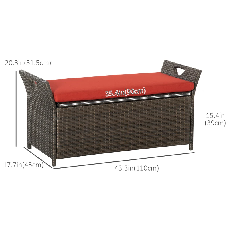 Outsunny 2-In-1 Outdoor PE Rattan Storage Bench, 29 Gallon Patio Wicker Furniture, Basket Box with Handles and Cushion Red