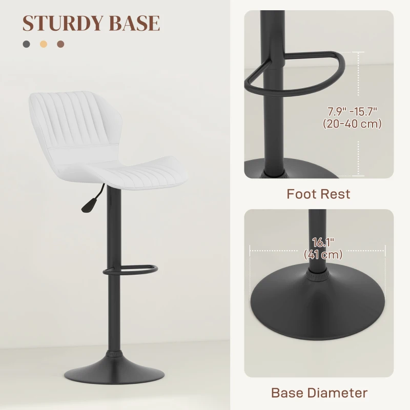 HOMCOM Shell Back Bar Stool Set of 2, PU Leather Adjustable Swivel Barstools with Chrome Base and Footrest for Kitchen Counter, Pub, White