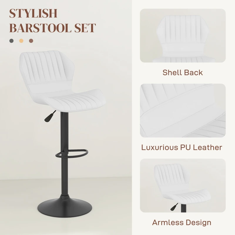 HOMCOM Shell Back Bar Stool Set of 2, PU Leather Adjustable Swivel Barstools with Chrome Base and Footrest for Kitchen Counter, Pub, White