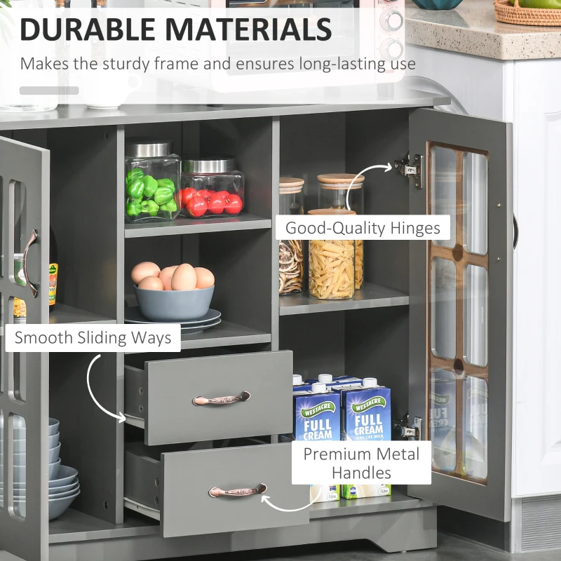 HOMCOM Modern Kitchen Sideboard with 2 Drawers, Coffee Bar Cabinet with Glass Doors Storage Cupboard and Open Shelf, Grey