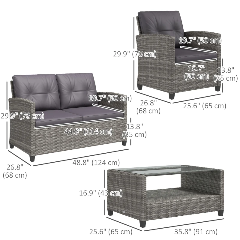 Outsunny 4 Piece Rattan Patio Furniture Set w/ Glass Table Top, Cushions for Backyard, Garden, Poolside, Deck, Charcoal Grey