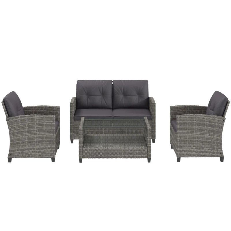 Outsunny 4 Piece Rattan Patio Furniture Set w/ Glass Table Top, Cushions for Backyard, Garden, Poolside, Deck, Charcoal Grey