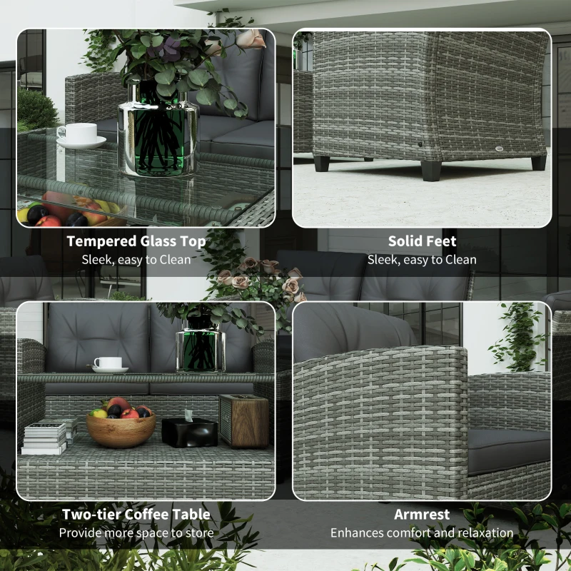 Outsunny 4 Piece Rattan Patio Furniture Set w/ Glass Table Top, Cushions for Backyard, Garden, Poolside, Deck, Charcoal Grey