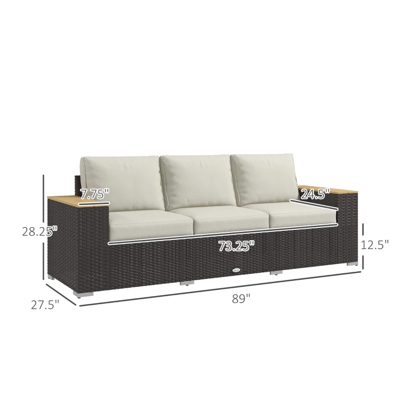Outsunny 3-Seat Outdoor Patio Sofa with Cushions, PE Rattan Wicker Sofa with Wide Armrests, Outdoor Wicker Couch, Beige