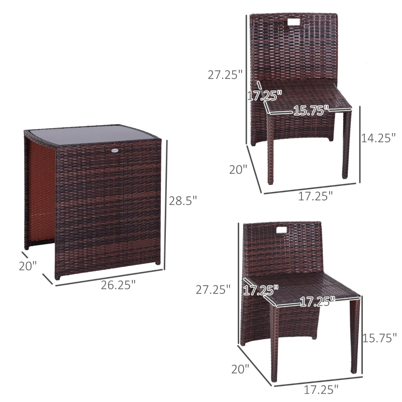 Outsunny 3 Pieces Wicker Patio Dining Set Outdoor Furniture Set with Removable Cushions, Glass Top Dining Table, PE Rattan Conversation Set for Garden Poolside, Cream White