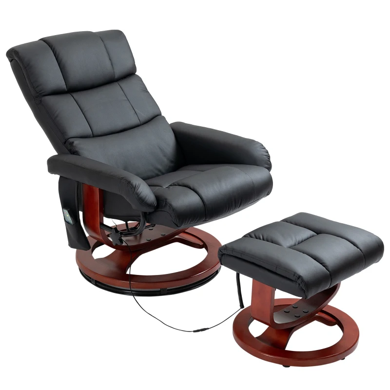 HOMCOM Recliner Chair with Ottoman, Electric Faux Leather Recliner with 10 Vibration Points and 5 Massage Mode, Reclining Chair with Swivel Wood Base, Remote Control and Side Pocket, Black