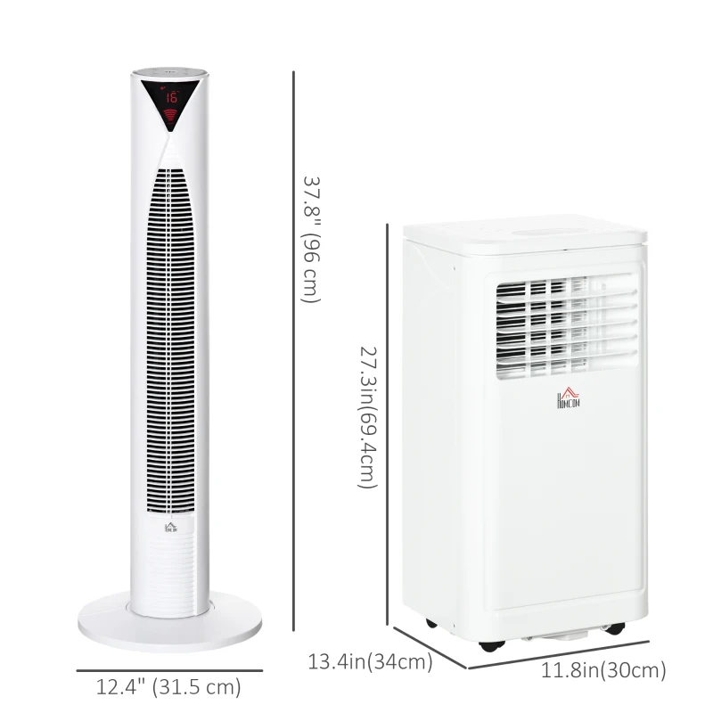 HOMCOM 8000 BTU Portable Air Conditioner and Tower Fan Set, 344 Sq. Ft., 3-in-1 Portable AC Unit and Floor Fan with Timer On/off, Remote, Window Kits, White