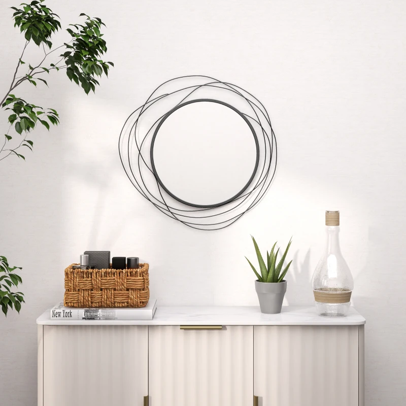 HOMCOM 25.6" Circle Mirror for Wall, Modern Metal Wall Art for Living Room, Bedroom and Dining Room, Black