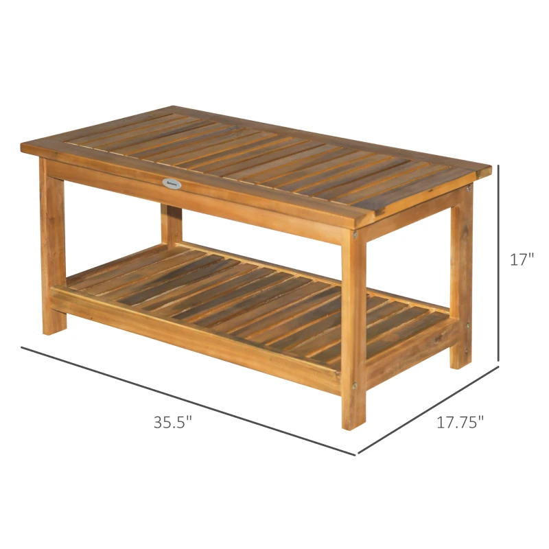 Outsunny 36" Outdoor Coffee Table 2-Shelf Acacia Wood Rectangular Buffet Storage Organizer Natural Finish Teak Patio, Deck, Lawn, Garden