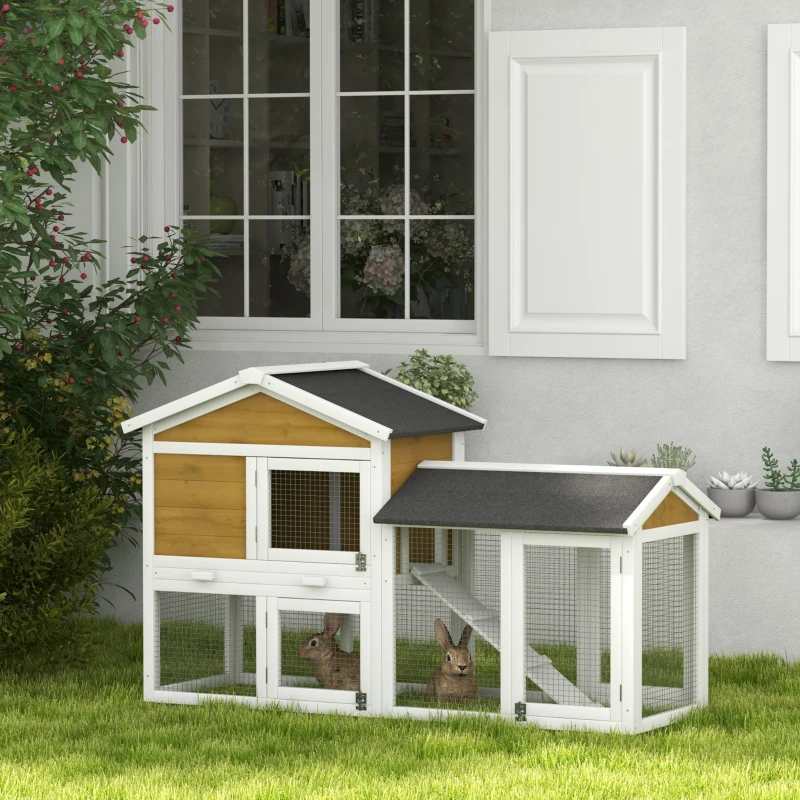 PawHut 58" Wooden Rabbit Hutch with Run, Removable Tray, Asphalt Roof,  Lockable Doors and Ramp, Nature Wood
