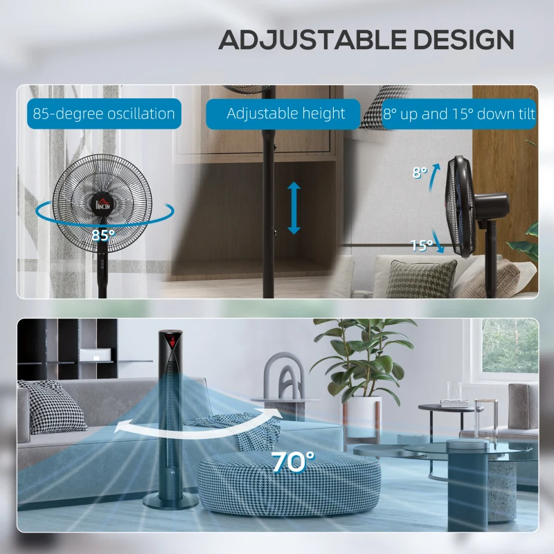HOMCOM Tower Fan and 16" Pedestal Fan Set, with Remote Control, Height Adjustable, Tilted Head, Timer, Oscillating Standing Fan, Stand Floor Fans for Bedroom, Black