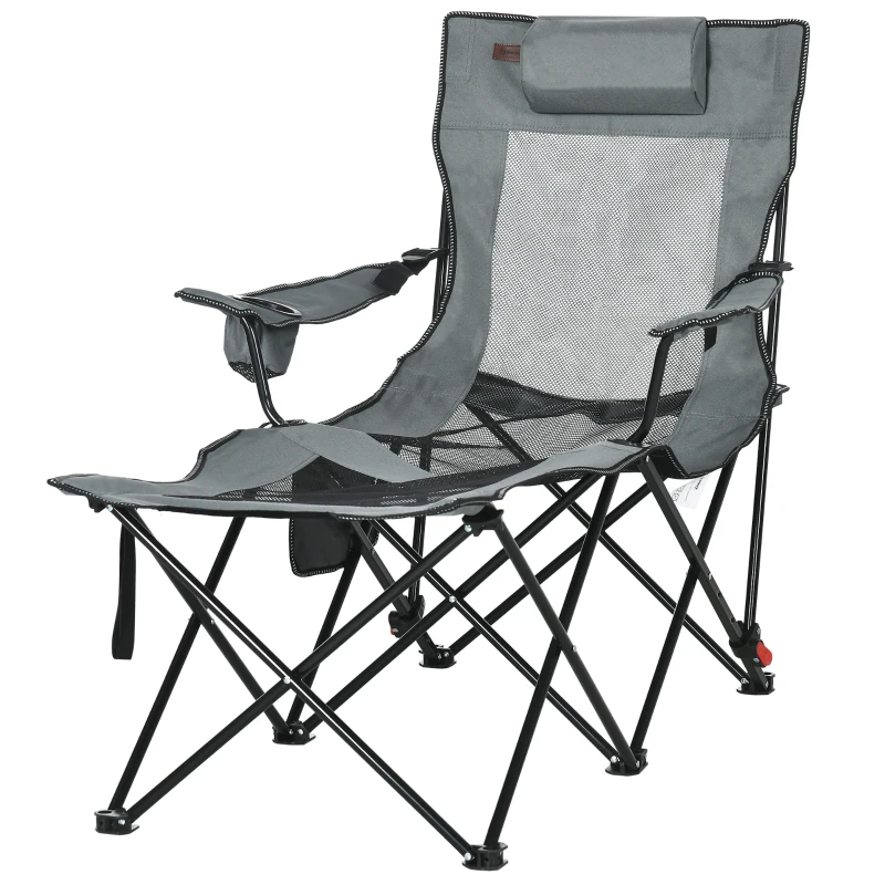 Outsunny Outdoor Folding Chaise Lounge Chair with Reclining Back, Headrest, Cup Holder, Carry Bag for Patio, Camping, Grey