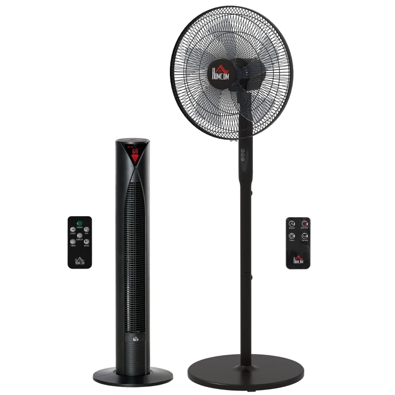 HOMCOM Tower Fan and 16" Pedestal Fan Set, with Remote Control, Height Adjustable, Tilted Head, Timer, Oscillating Standing Fan, Stand Floor Fans for Bedroom, Black