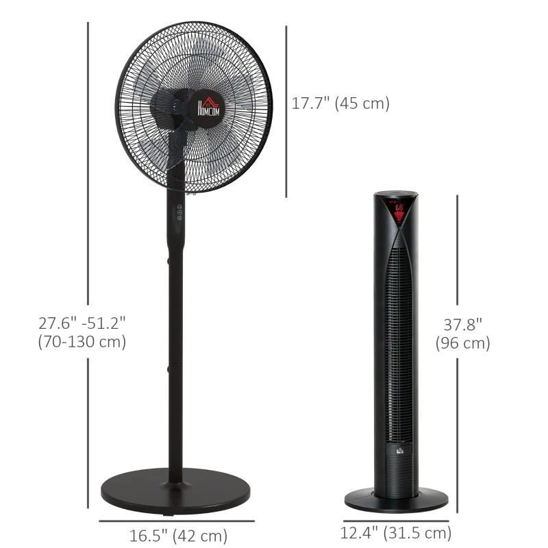 HOMCOM Tower Fan and 16" Pedestal Fan Set, with Remote Control, Height Adjustable, Tilted Head, Timer, Oscillating Standing Fan, Stand Floor Fans for Bedroom, Black
