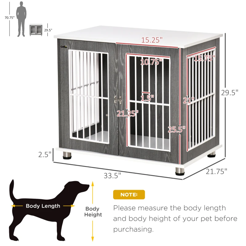 PawHut 34'' Wooden Dog Cage, Modern Wire Dog Crate, Pet Kennel with Door, Lock, Adjustable Foot Pads, for Small and Medium Dogs, Grey and White