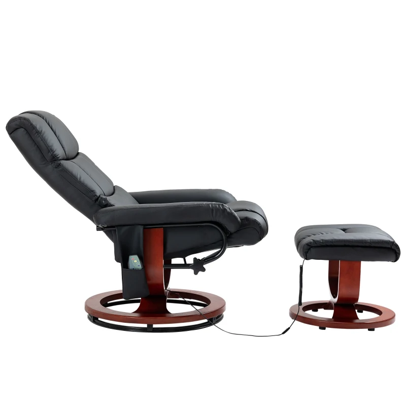 HOMCOM Recliner Chair with Ottoman, Electric Faux Leather Recliner with 10 Vibration Points and 5 Massage Mode, Reclining Chair with Swivel Wood Base, Remote Control and Side Pocket, Black