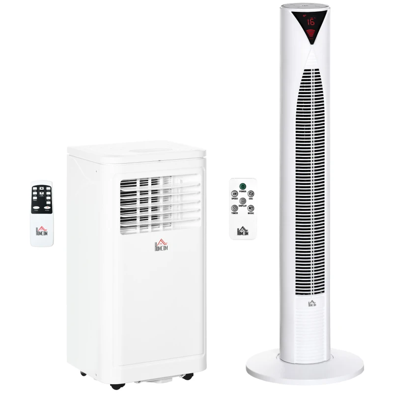 HOMCOM 8000 BTU Portable Air Conditioner and Tower Fan Set, 344 Sq. Ft., 3-in-1 Portable AC Unit and Floor Fan with Timer On/off, Remote, Window Kits, White