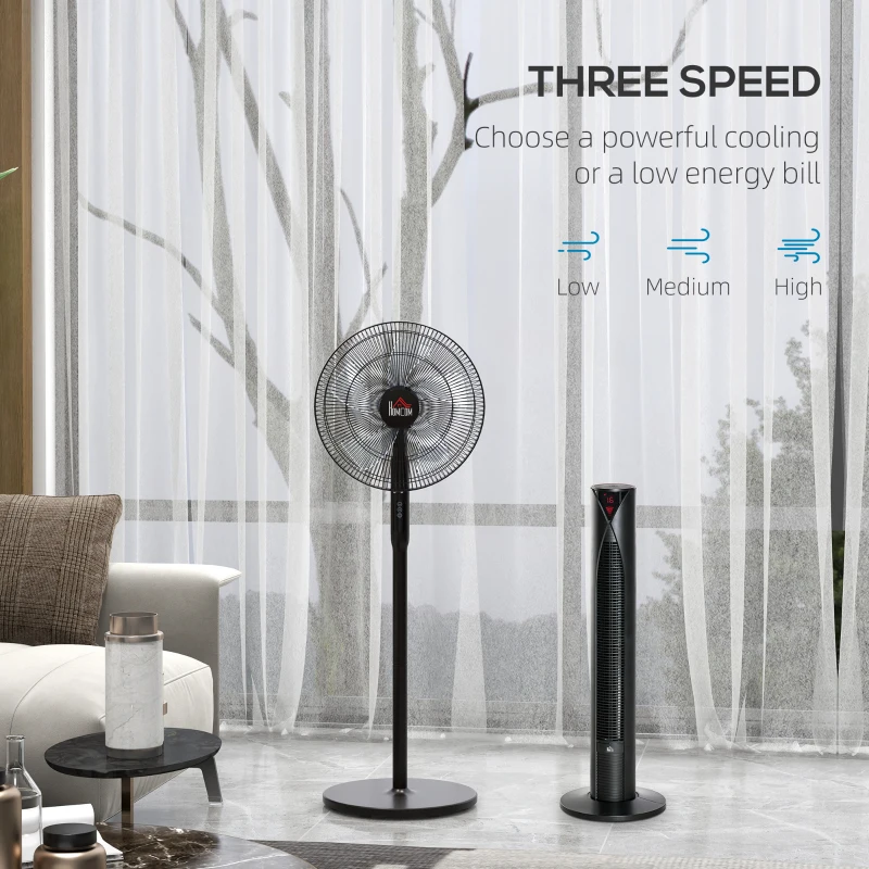 HOMCOM Tower Fan and 16" Pedestal Fan Set, with Remote Control, Height Adjustable, Tilted Head, Timer, Oscillating Standing Fan, Stand Floor Fans for Bedroom, Black