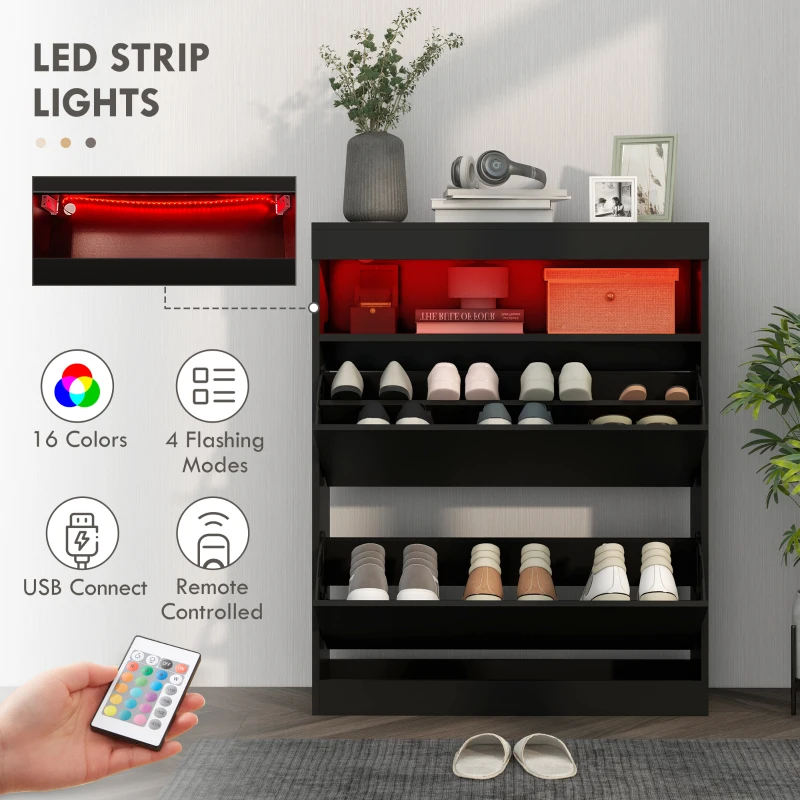 HOMCOM Wall Mounted or Freestanding Shoe Storage Cabinet with LED Light and 2 Flip Drawers for 12-16 Pairs of Shoes