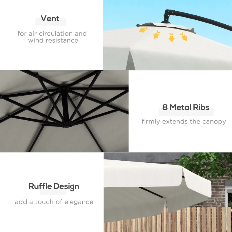 Outsunny 11 FT Cantilever Patio Umbrella Offset Parasol with Cross Base and 8 Ribs for Garden, Cream White