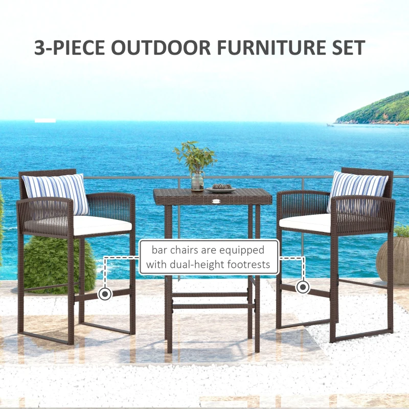 Outsunny 3-Piece Wicker Bar Set, Patio Bar Table Chair with Cushions, for Poolside, 25.2" x 19.3" x 37", White