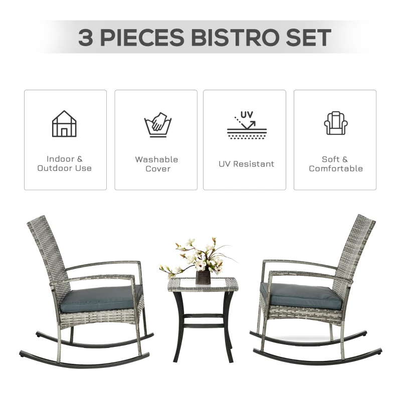 Outsunny 3 Pieces Patio Wicker Rocking Chair Set,  Outdoor PE Rattan Bistro Set Conversation Rocker Set with 2 Chairs 1 Coffee Table for Backyard, Deck, Poolside, Grey