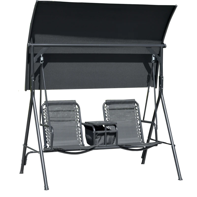 Outsunny 2-Seat Outdoor Porch Swing, with Pivot Storage Table, Cup Holder, & Adjustable Overhead Canopy, Stand's Skid-Resistant Feet Pad, Breathable Mesh Seat, Steel Frame, for Patio, Black
