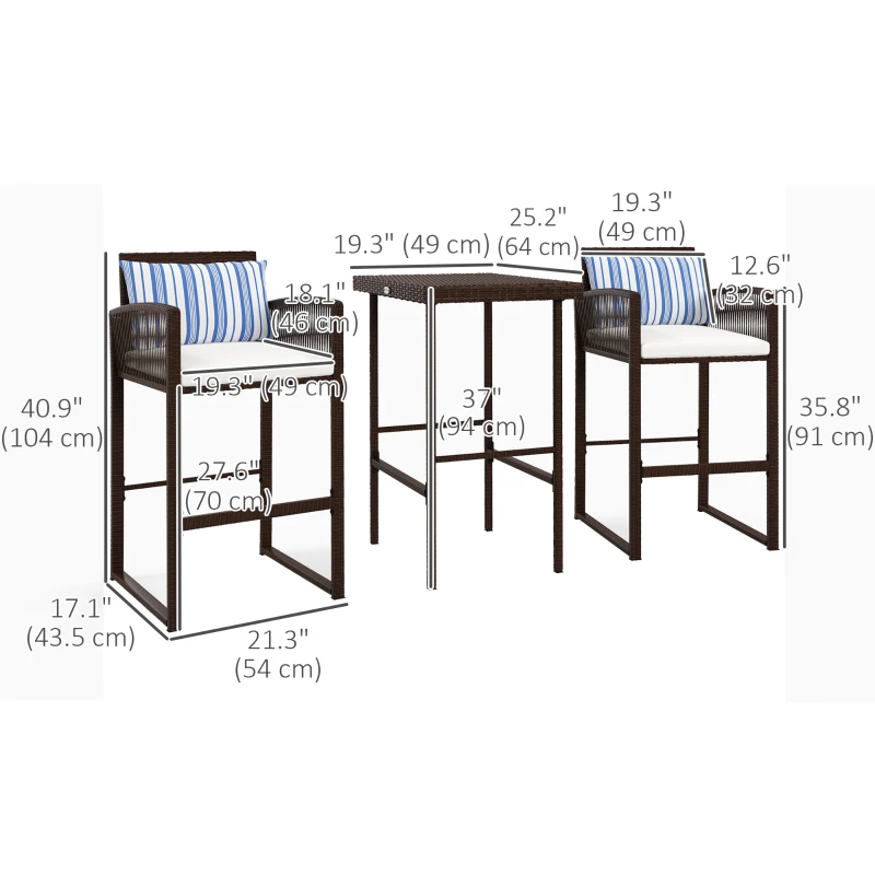 Outsunny 3-Piece Wicker Bar Set, Patio Bar Table Chair with Cushions, for Poolside, 25.2" x 19.3" x 37", White