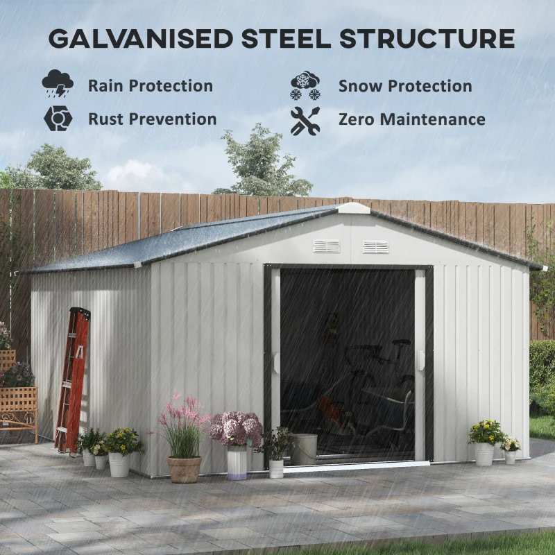 Outsunny Outdoor Utility Storage Shed, 13x11 ft, Steel Tool Organizer for Backyard, Garden, White