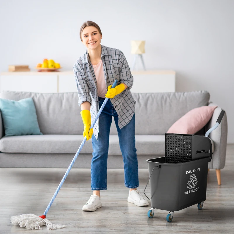 HOMCOM Compact Mop Bucket with Wringer, Mop Bucket on Wheels, 21 Quart, Separate Dirty and Clean Water, Black