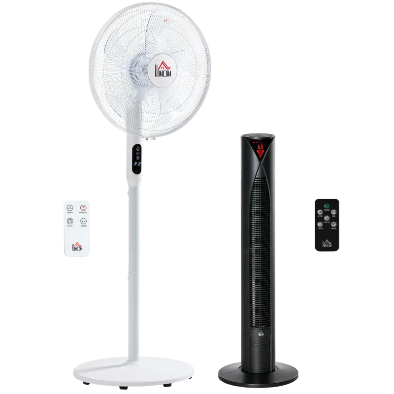 HOMCOM Tower Fan and 16" Pedestal Fan Set, with Remote Control, Height Adjustable, Tilted Head, Timer, Oscillating Standing Fan, Stand Floor Fans for Bedroom, White