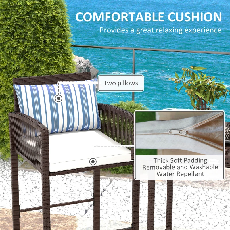 Outsunny 3-Piece Wicker Bar Set, Patio Bar Table Chair with Cushions, for Poolside, 25.2" x 19.3" x 37", White