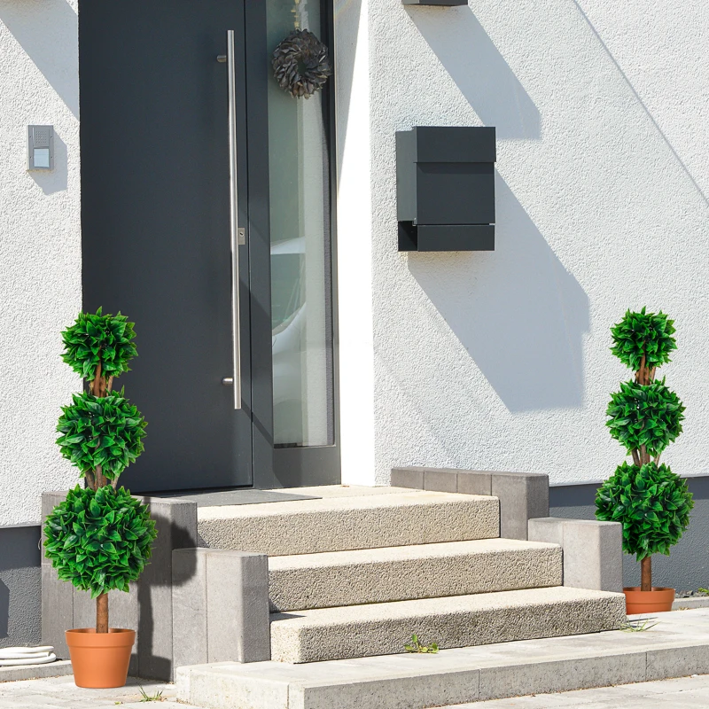HOMCOM 2 Pack 35.5" Artificial Trees, Boxwood Topiary Ball Trees with Pot for Indoor, Outdoor, Home Office, Living Room, Green