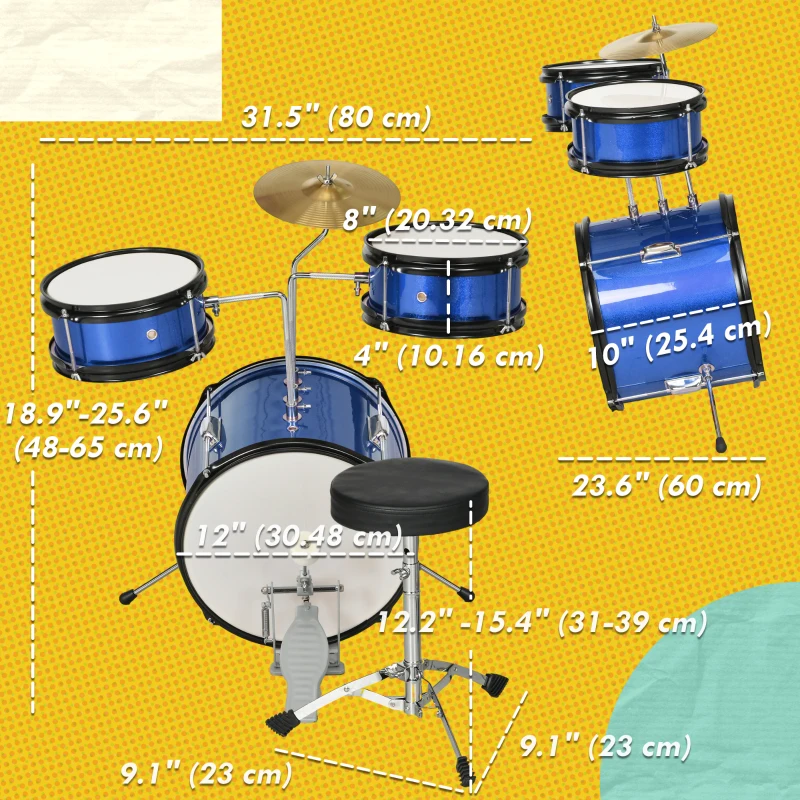 Qaba 7 Piece Kids Drum Set with Throne, Cymbal, Pedal, Drumsticks, Blue
