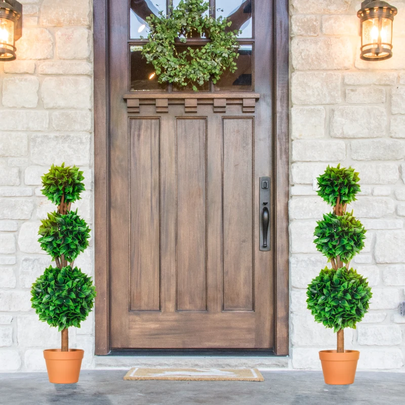 HOMCOM 2 Pack 35.5" Artificial Trees, Boxwood Topiary Ball Trees with Pot for Indoor, Outdoor, Home Office, Living Room, Green