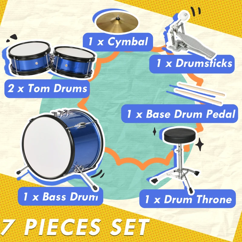 Qaba 7 Piece Kids Drum Set with Throne, Cymbal, Pedal, Drumsticks, Blue