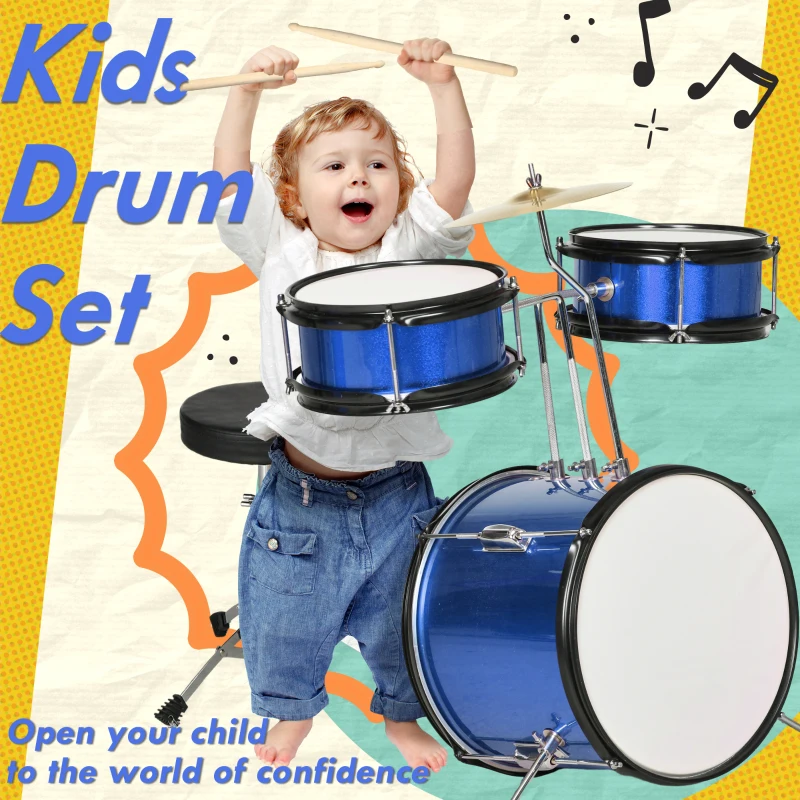 Qaba 7 Piece Kids Drum Set with Throne, Cymbal, Pedal, Drumsticks, Blue