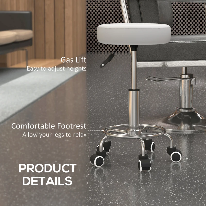 Vinsetto Salon Stool with Adjustable Height, PU Leather Barber Rolling Massage Tattoo Chair for Bar Beauty SPA, White