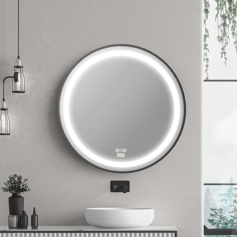 kleankin 28-Inch Lighted Bathroom Mirror for Wall, Dimmable LED Mirror with Memory Function, Round Mirror for Wall Decor