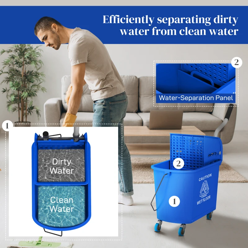 HOMCOM Compact Mop Bucket with Wringer, Mop Bucket on Wheels for Floor Cleaning, 21 Quart, Separate Dirty and Clean Water, Blue