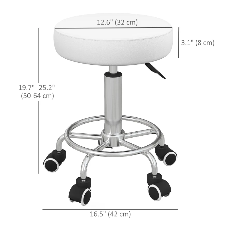 Vinsetto Salon Stool with Adjustable Height, PU Leather Barber Rolling Massage Tattoo Chair for Bar Beauty SPA, White