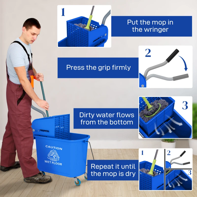 HOMCOM Compact Mop Bucket with Wringer, Mop Bucket on Wheels for Floor Cleaning, 21 Quart, Separate Dirty and Clean Water, Blue