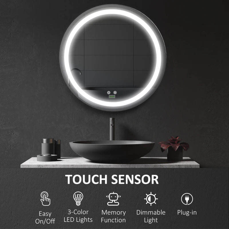 kleankin 28-Inch Lighted Bathroom Mirror for Wall, Dimmable LED Mirror with Memory Function, Round Mirror for Wall Decor