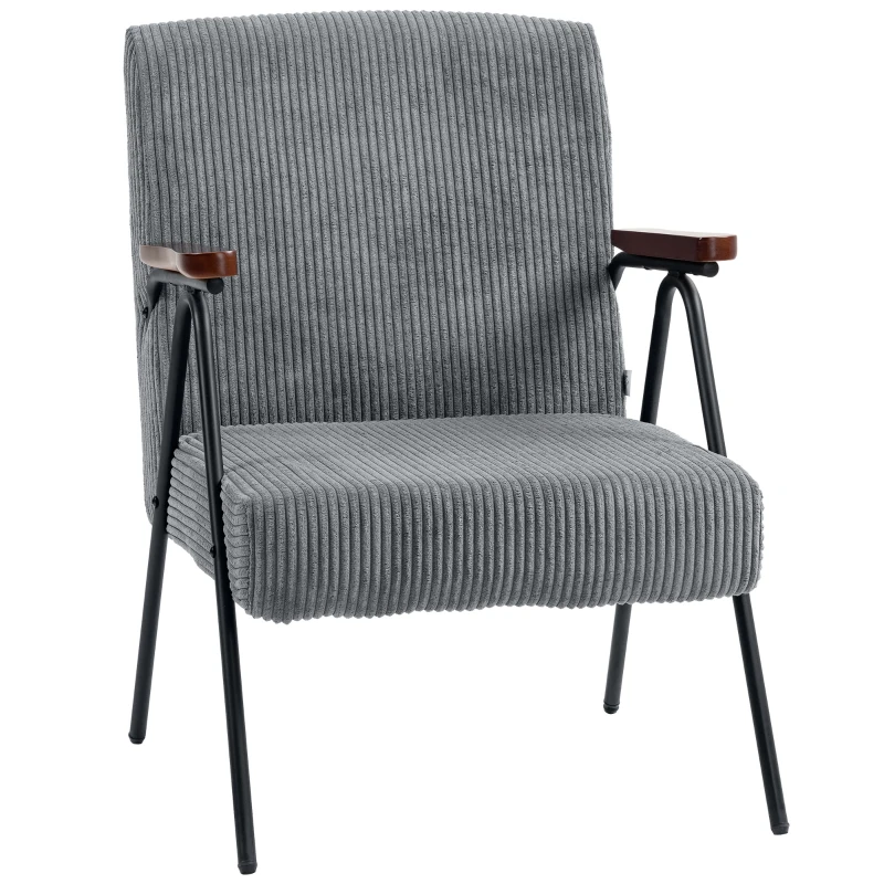 HOMCOM Modern Armchair, Upholstered Corduroy Accent Chair with Wood Arms and Steel Frame for Living Room, Bedroom, Grey