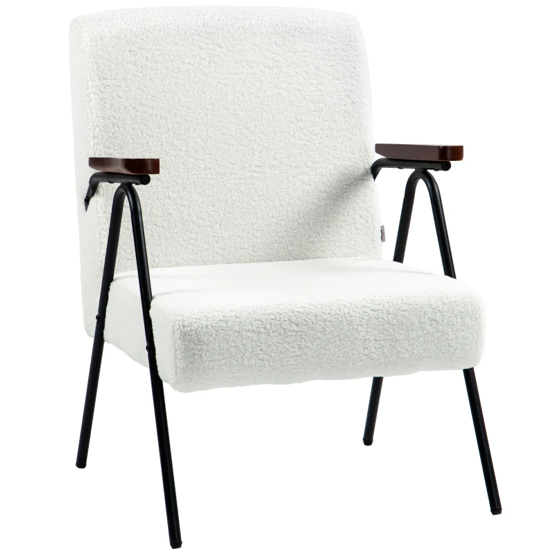 HOMCOM Modern Armchair, Upholstered Teddy Fleece Accent Chair with Wood Arms and Steel Frame for Living Room, Bedroom, White