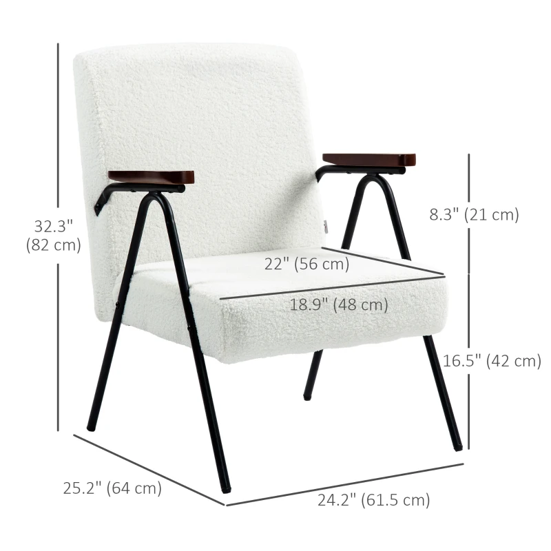 HOMCOM Modern Armchair, Upholstered Teddy Fleece Accent Chair with Wood Arms and Steel Frame for Living Room, Bedroom, White