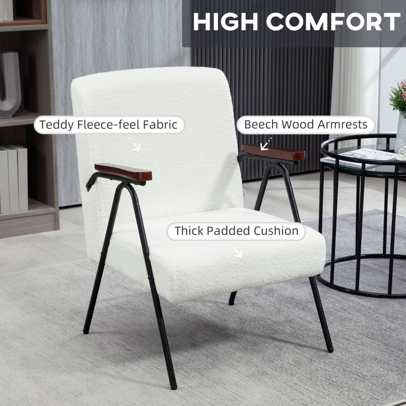 HOMCOM Modern Armchair, Upholstered Teddy Fleece Accent Chair with Wood Arms and Steel Frame for Living Room, Bedroom, White
