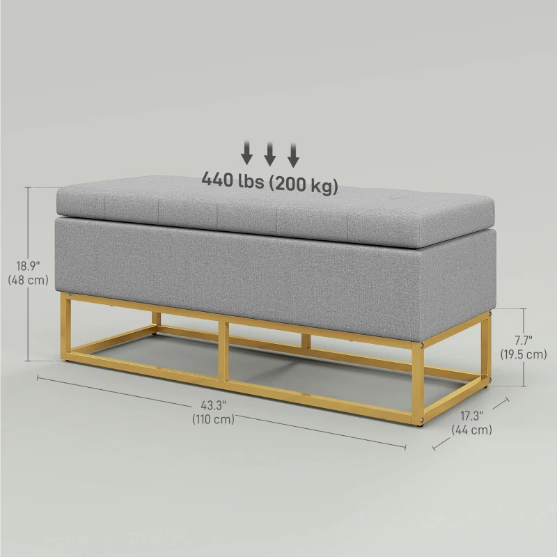 HOMCOM Flip Top Storage Ottoman, Upholstered Storage Bench, Linen Fabric Footstool for Living Room, Bedroom, Grey