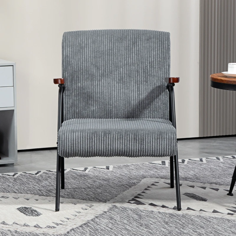 HOMCOM Modern Armchair, Upholstered Corduroy Accent Chair with Wood Arms and Steel Frame for Living Room, Bedroom, Grey